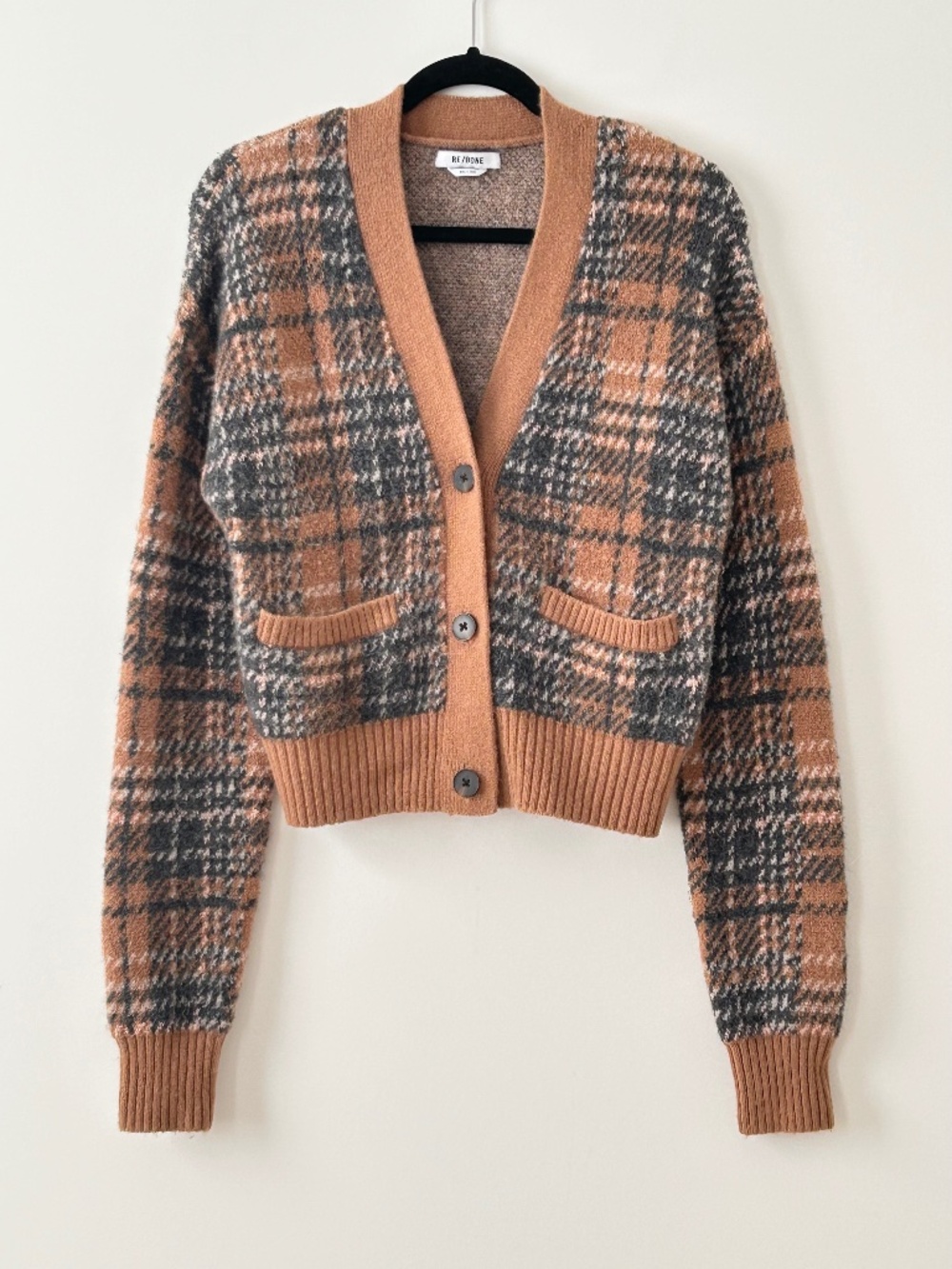 Re/Done 90s Crop Plaid Cardigan